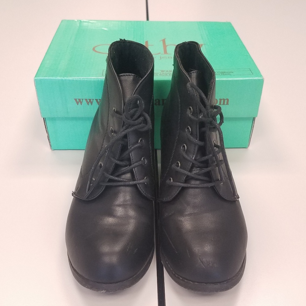 Cathy Jean Small Heel Black Laceup Bootie